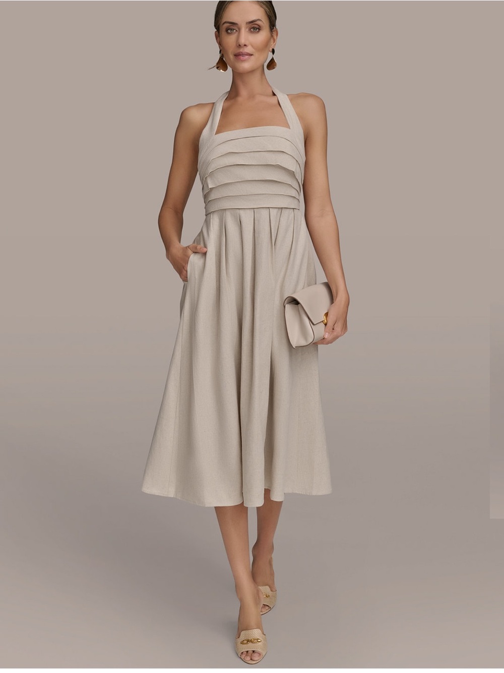 NWT Donna Karan Tie-Back Midi Dress in Light Beige Linen Blend